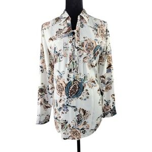 Chico’s Woman’s Long Sleeve Ivory with paisley print v-neck tie front blouse 0 S